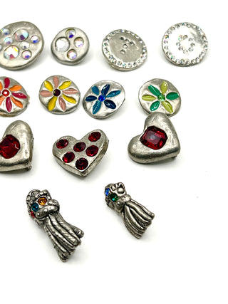 Set of 13 Vintage Todd Oldham Buttons – 1994–1996 Silver-Plated Mixed Grab Bag #1 - Lacquered Details & Swarovski Crystals
