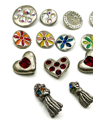 Set of 13 Vintage Todd Oldham Buttons – 1994–1996 Silver-Plated Mixed Grab Bag #1 - Lacquered Details & Swarovski Crystals