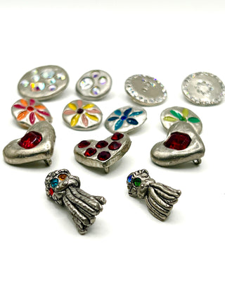 Set of 13 Vintage Todd Oldham Buttons – 1994–1996 Silver-Plated Mixed Grab Bag #1 - Lacquered Details & Swarovski Crystals
