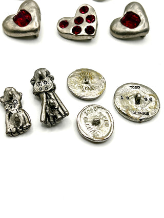 Set of 13 Vintage Todd Oldham Buttons – 1994–1996 Silver-Plated Mixed Grab Bag #1 - Lacquered Details & Swarovski Crystals