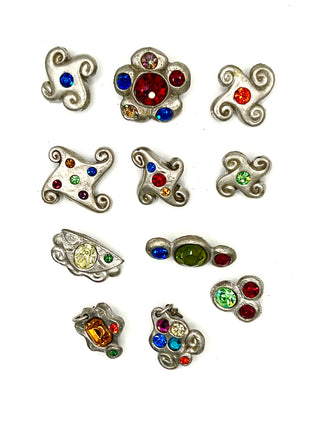 Set of 12 Vintage Todd Oldham Signed Buttons – Grab Bag #2 - 1990s Silver-Plated Handmade Cast Buttons with Swarovski Crystals