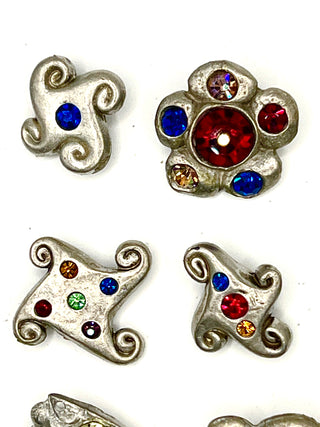 Set of 12 Vintage Todd Oldham Signed Buttons – Grab Bag #2 - 1990s Silver-Plated Handmade Cast Buttons with Swarovski Crystals