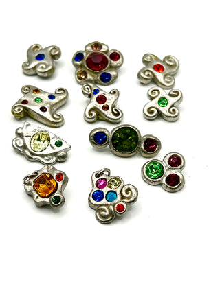 Set of 12 Vintage Todd Oldham Signed Buttons – Grab Bag #2 - 1990s Silver-Plated Handmade Cast Buttons with Swarovski Crystals