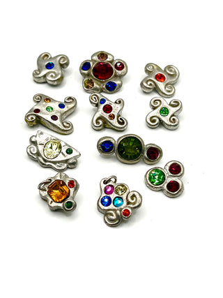 Set of 12 Vintage Todd Oldham Signed Buttons – Grab Bag #2 - 1990s Silver-Plated Handmade Cast Buttons with Swarovski Crystals