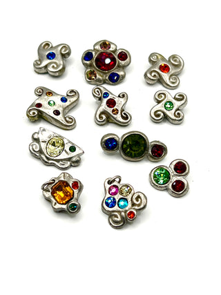 Set of 12 Vintage Todd Oldham Signed Buttons – Grab Bag #2 - 1990s Silver-Plated Handmade Cast Buttons with Swarovski Crystals