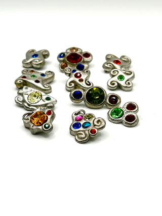 Set of 12 Vintage Todd Oldham Signed Buttons – Grab Bag #2 - 1990s Silver-Plated Handmade Cast Buttons with Swarovski Crystals