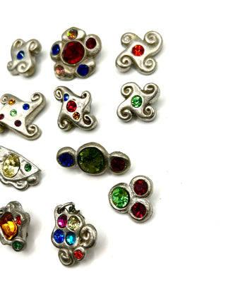 Set of 12 Vintage Todd Oldham Signed Buttons – Grab Bag #2 - 1990s Silver-Plated Handmade Cast Buttons with Swarovski Crystals