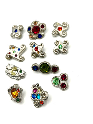 Set of 12 Vintage Todd Oldham Signed Buttons – Grab Bag #2 - 1990s Silver-Plated Handmade Cast Buttons with Swarovski Crystals