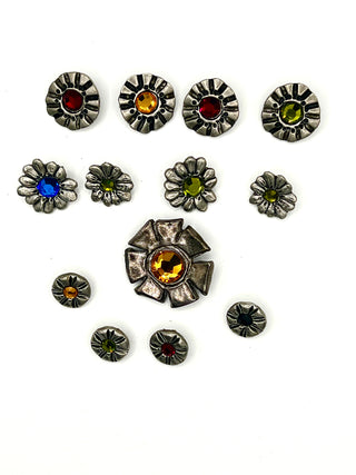 Set of 13 Vintage 1996 Signed Todd Oldham Flower Buttons – Silver-Plated Ebonized Cast Metal with Swarovski Crystals