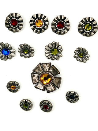 Set of 13 Vintage 1996 Signed Todd Oldham Flower Buttons – Silver-Plated Ebonized Cast Metal with Swarovski Crystals