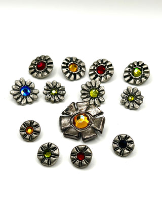 Set of 13 Vintage 1996 Signed Todd Oldham Flower Buttons – Silver-Plated Ebonized Cast Metal with Swarovski Crystals