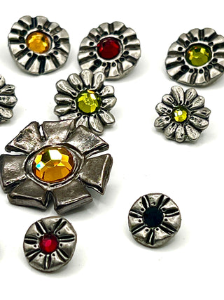 Set of 13 Vintage 1996 Signed Todd Oldham Flower Buttons – Silver-Plated Ebonized Cast Metal with Swarovski Crystals