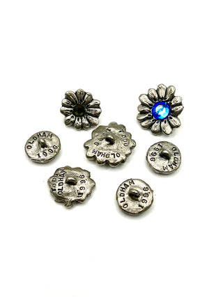 Set of 13 Vintage 1996 Signed Todd Oldham Flower Buttons – Silver-Plated Ebonized Cast Metal with Swarovski Crystals