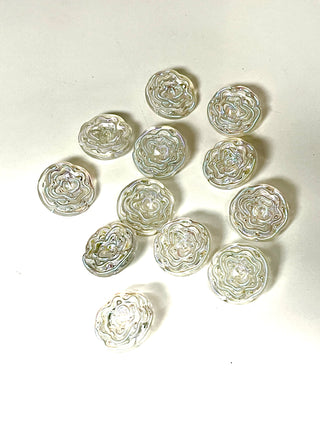 Set of 12 Vintage Iridescent Resin Rose Buttons – 1950s–1970s Pearlescent Rainbow Reflection
