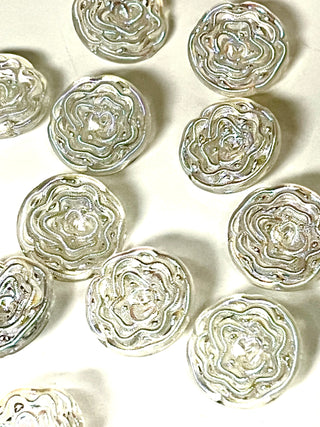 Set of 12 Vintage Iridescent Resin Rose Buttons – 1950s–1970s Pearlescent Rainbow Reflection