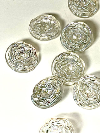 Set of 12 Vintage Iridescent Resin Rose Buttons – 1950s–1970s Pearlescent Rainbow Reflection