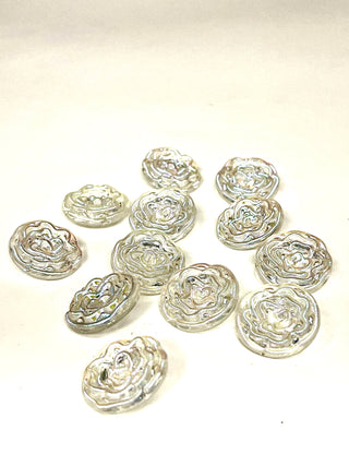 Set of 12 Vintage Iridescent Resin Rose Buttons – 1950s–1970s Pearlescent Rainbow Reflection