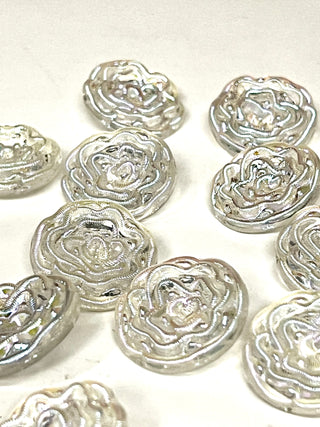 Set of 12 Vintage Iridescent Resin Rose Buttons – 1950s–1970s Pearlescent Rainbow Reflection