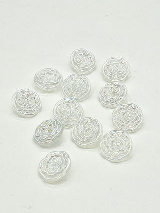 Set of 12 Vintage Iridescent Resin Rose Buttons – 1950s–1970s Pearlescent Rainbow Reflection