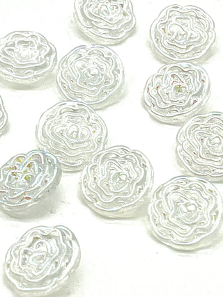 Set of 12 Vintage Iridescent Resin Rose Buttons – 1950s–1970s Pearlescent Rainbow Reflection