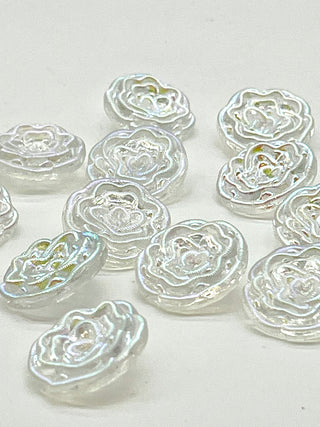 Set of 12 Vintage Iridescent Resin Rose Buttons – 1950s–1970s Pearlescent Rainbow Reflection
