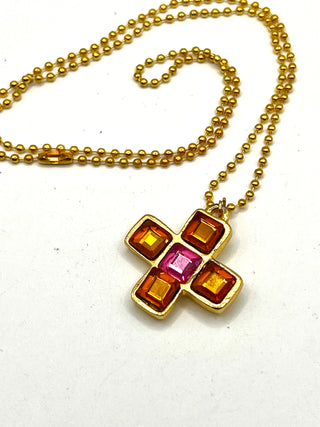 Vintage Todd Oldham 24kt Gold Plated Plus Sign Charm Necklace – Jeweled With Amber & Pink Crystals