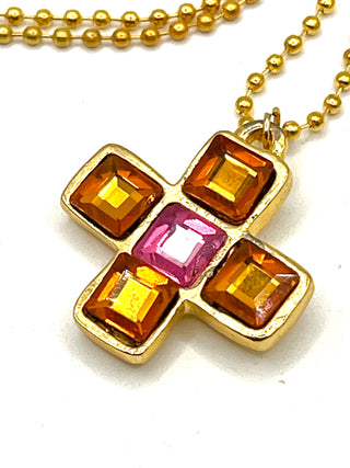 Vintage Todd Oldham 24kt Gold Plated Plus Sign Charm Necklace – Jeweled With Amber & Pink Crystals