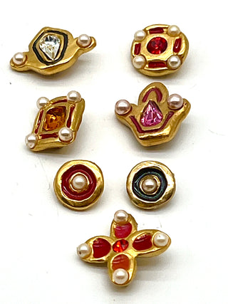 Vintage Todd Oldham 1990s Gold Plated- Enameled- Swarovski Crystal & Pearl Buttons