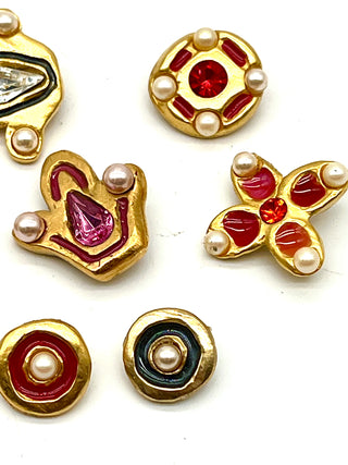 Vintage Todd Oldham 1990s Gold Plated- Enameled- Swarovski Crystal & Pearl Buttons