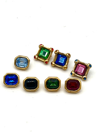 Jeweled Swarovski Crystal Stud Buttons, 24kt Gold Plated, Emerald & Square Cut, .50–.75 Inch