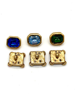 Jeweled Swarovski Crystal Stud Buttons, 24kt Gold Plated, Emerald & Square Cut, .50–.75 Inch