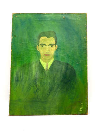 Todd Oldham Studio Collection - Green Veil Portrait of a Man – Vintage Found Painting on Stretched Canvas