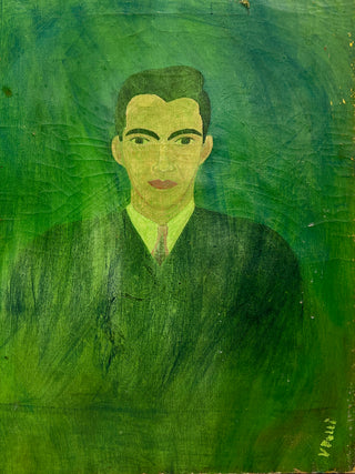 Todd Oldham Studio Collection - Green Veil Portrait of a Man – Vintage Found Painting on Stretched Canvas