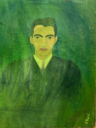 Todd Oldham Studio Collection - Green Veil Portrait of a Man – Vintage Found Painting on Stretched Canvas