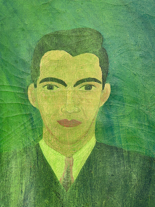 Todd Oldham Studio Collection - Green Veil Portrait of a Man – Vintage Found Painting on Stretched Canvas