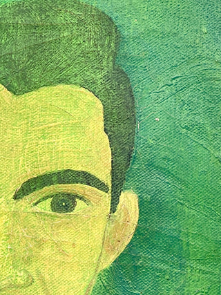 Todd Oldham Studio Collection - Green Veil Portrait of a Man – Vintage Found Painting on Stretched Canvas