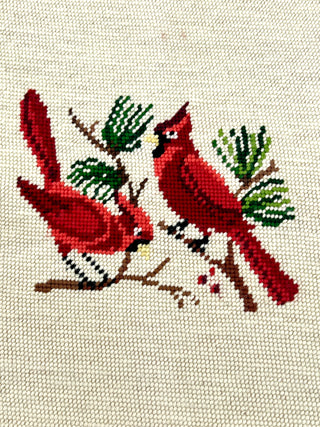 Fiber Art from the Todd Oldham Studio Collections - Cheerful Cardinal Couple on Branch Vintage Needlepoint