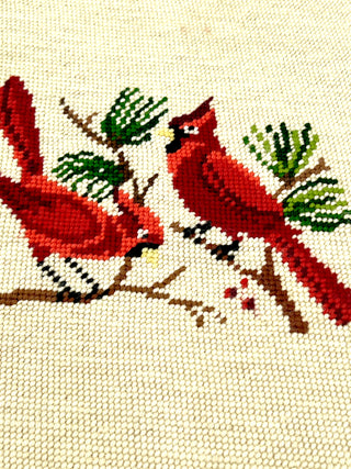 Fiber Art from the Todd Oldham Studio Collections - Cheerful Cardinal Couple on Branch Vintage Needlepoint