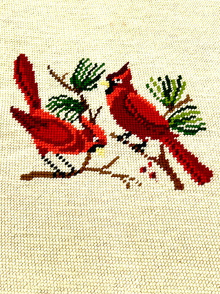 Fiber Art from the Todd Oldham Studio Collections - Cheerful Cardinal Couple on Branch Vintage Needlepoint