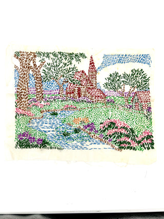 Todd Oldham Studio Collections -  Naïve Folk-Art Hand Embroidered Farmhouse Landscape Panel
