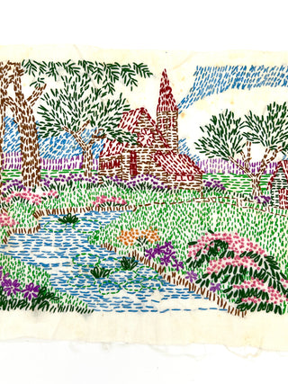 Todd Oldham Studio Collections -  Naïve Folk-Art Hand Embroidered Farmhouse Landscape Panel