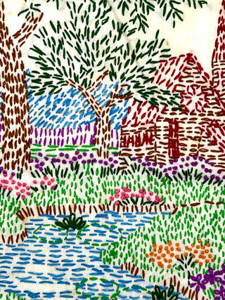 Todd Oldham Studio Collections -  Naïve Folk-Art Hand Embroidered Farmhouse Landscape Panel