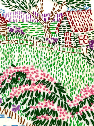 Todd Oldham Studio Collections -  Naïve Folk-Art Hand Embroidered Farmhouse Landscape Panel