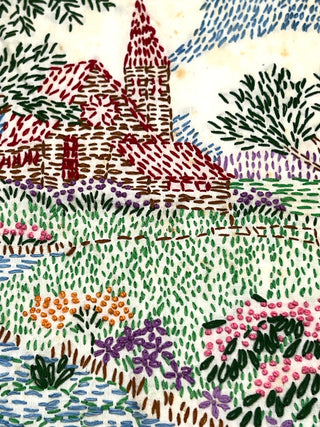Todd Oldham Studio Collections -  Naïve Folk-Art Hand Embroidered Farmhouse Landscape Panel
