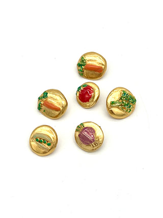 Todd Oldham Vintage 1994 Signed 24kt Gold-Plated Enameled Vegetable Buttons-Set Of 6