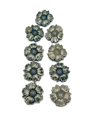 Set of 9 Vintage 1990s Todd Oldham Sunflower Buttons – Resin Floral Buttons in Luscious Anodized Silver-Colored Finish