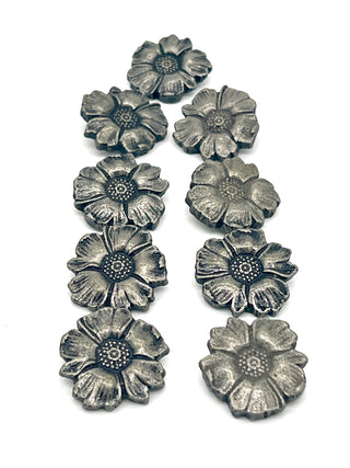 Set of 9 Vintage 1990s Todd Oldham Sunflower Buttons – Resin Floral Buttons in Luscious Anodized Silver-Colored Finish