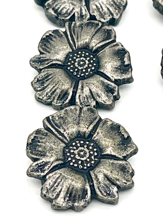 Set of 9 Vintage 1990s Todd Oldham Sunflower Buttons – Resin Floral Buttons in Luscious Anodized Silver-Colored Finish