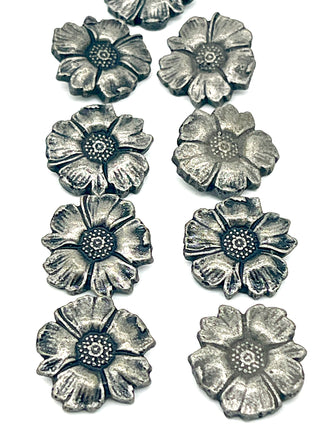 Set of 9 Vintage 1990s Todd Oldham Sunflower Buttons – Resin Floral Buttons in Luscious Anodized Silver-Colored Finish