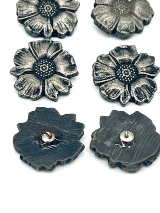 Set of 9 Vintage 1990s Todd Oldham Sunflower Buttons – Resin Floral Buttons in Luscious Anodized Silver-Colored Finish